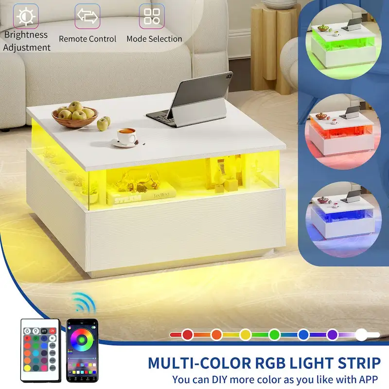 Moasis Modern Square Coffee Table with Drawers & LED Light, Acrylic and Wood Center Table