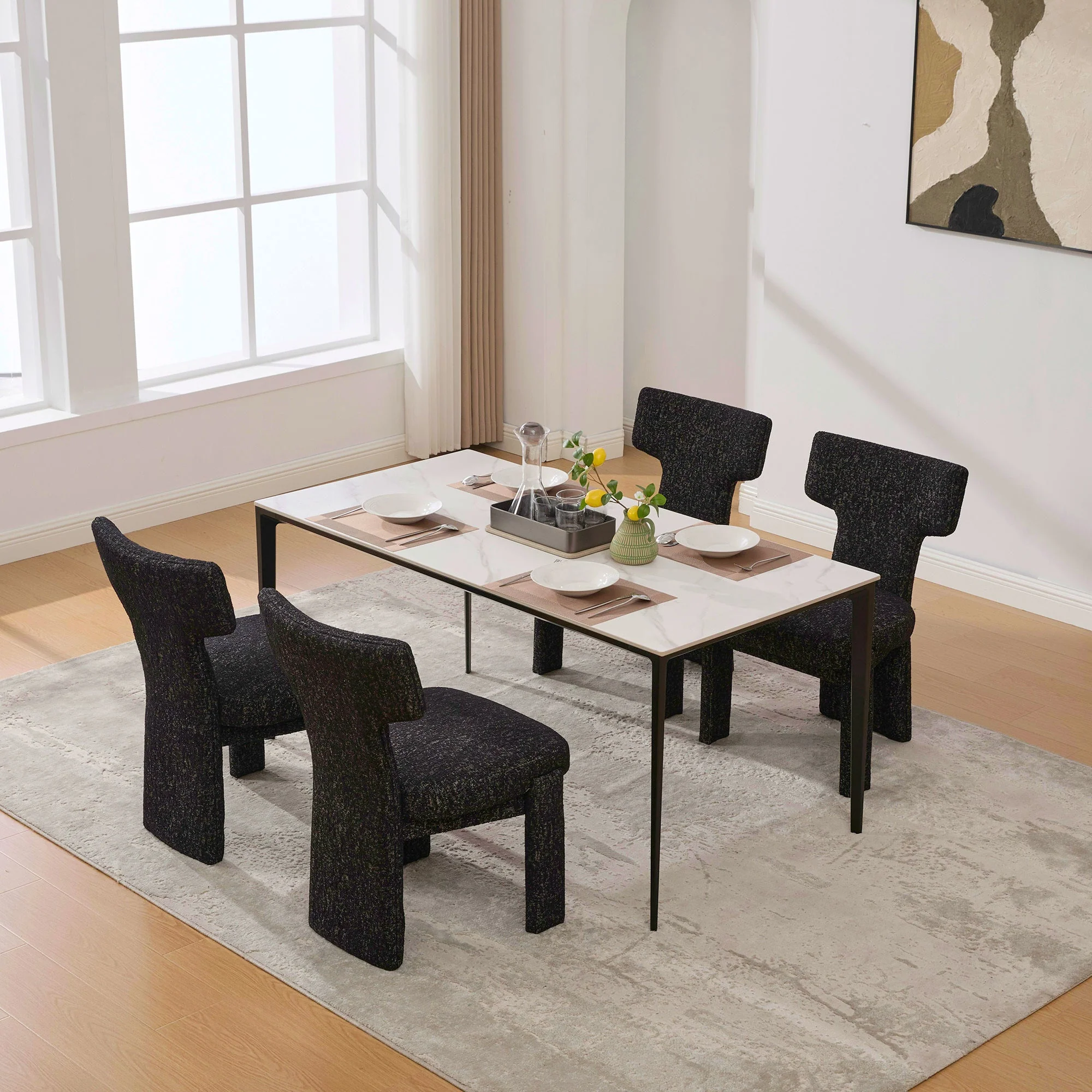 Curve Design Wide Modern Upholstered Chenille Dining Chair Set of 4