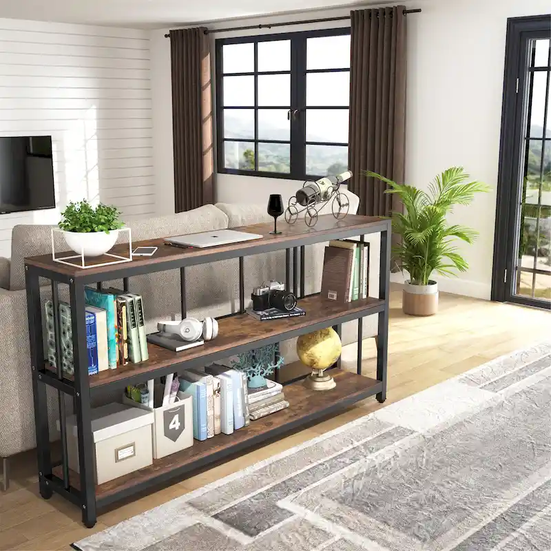 3-Tier Narrow Console Table – Brown / Vintage Brown+Black / Grey+Black / Vintage Brown+White, Metal Frame, Single