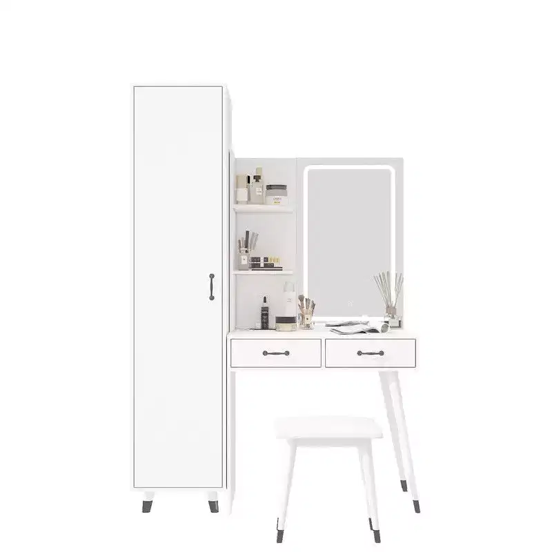 Karl Home White Makeup Vanity Table and Slim Armoire Wardrobe Set