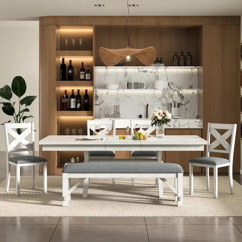 VECELO Dining Table Set with Bench, Solid Wood Rectangular Extendable Dining Table & 4 Solid Wood Dining Chairs