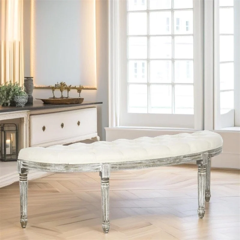 Semi-Circle Tufted Design End of Bed Bench with Rubber Wood Legs