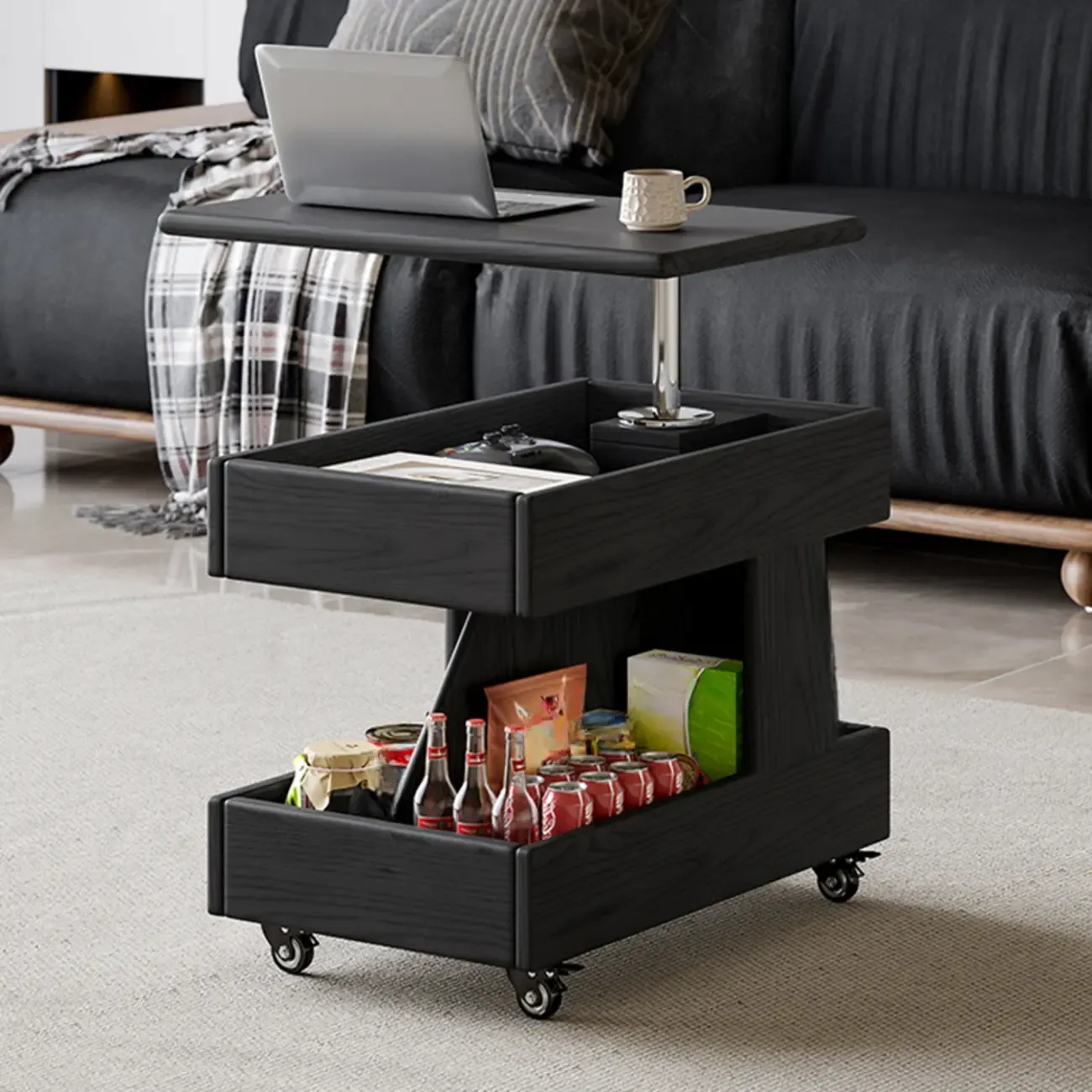 Adjustable 3-Tier Natural Wood Mobile Sofa Side Table