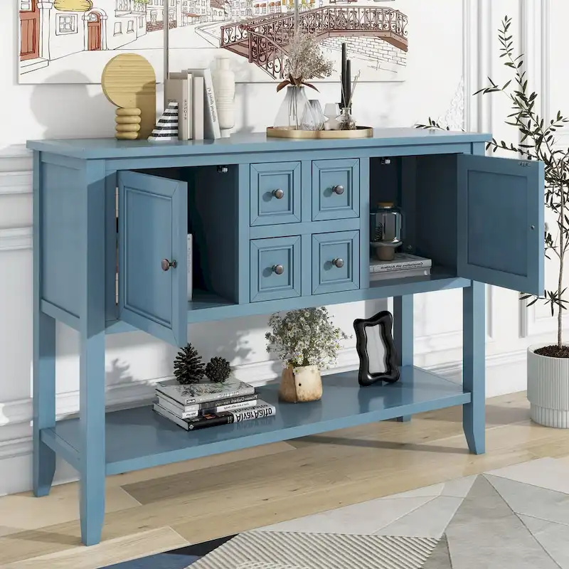 Dark Blue Distressed Acacia Wood Buffet Sideboard with 4 Drawers, 2 Cabinets & Bottom Shelf
