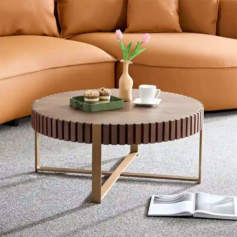 Modern 31.5 Round Coffee Table with Sturdy Metal Pedestal