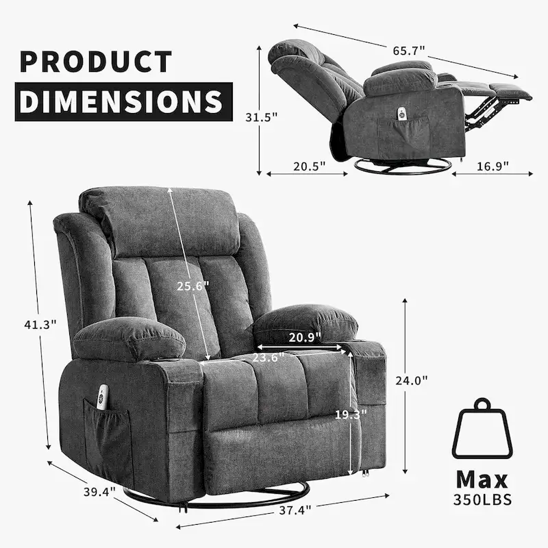 Recliner Chair, Rocking Chairs with Massage and Heat, Side Pockets and Cup Holder