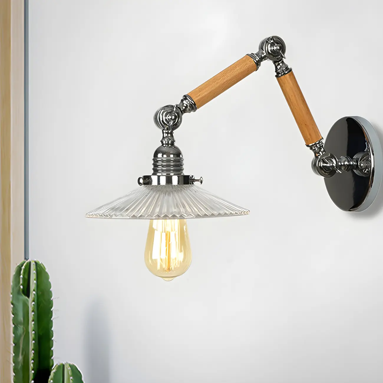 Industrial Glossy Swing Arm Wall Light with Wavy Glass Shade