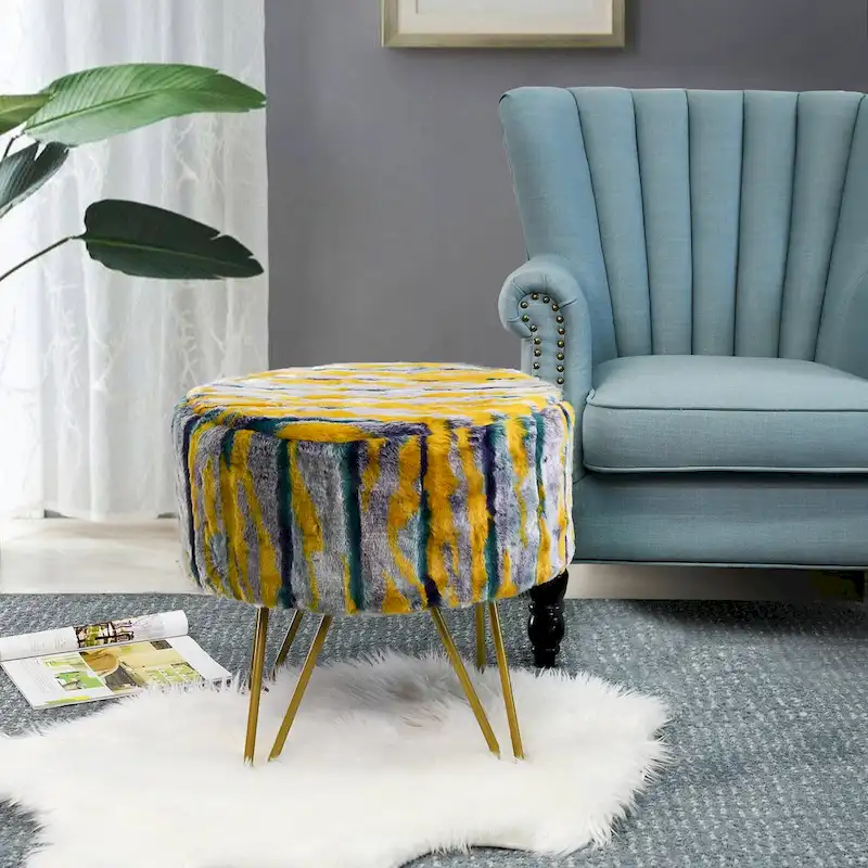 Home Soft Things Multi Jacquard Fauxfur Round Ottoman