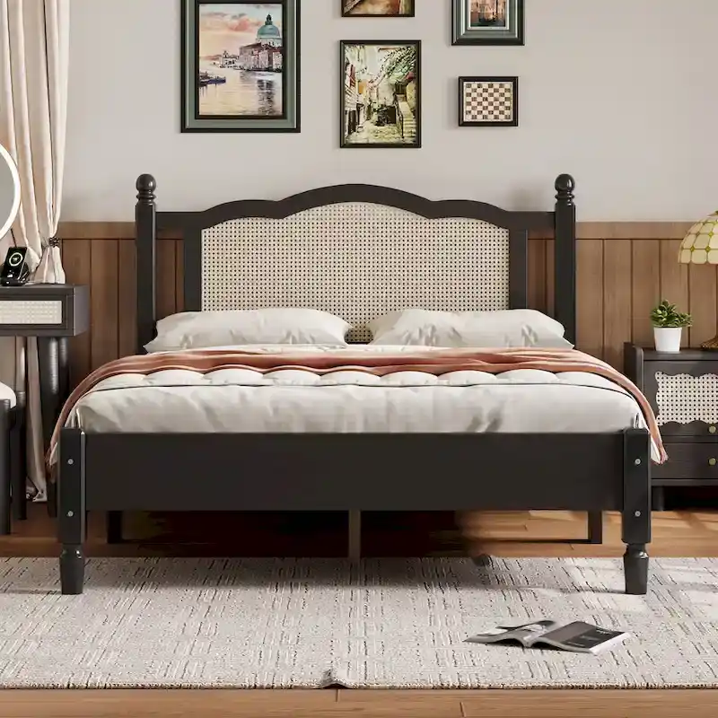 Wooden Platform Bed with Natural Rattan Headboard