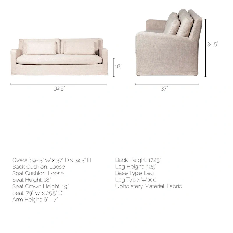 Denly Beige Fabric Slipcover w/ Double Stacked Back Cushions Sofa - 92.5W x 38.2D x 34.5H