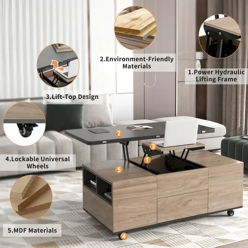 Modern Walnut & White Lift Top Coffee Table Multifunctional Table with Drawers & Shelves