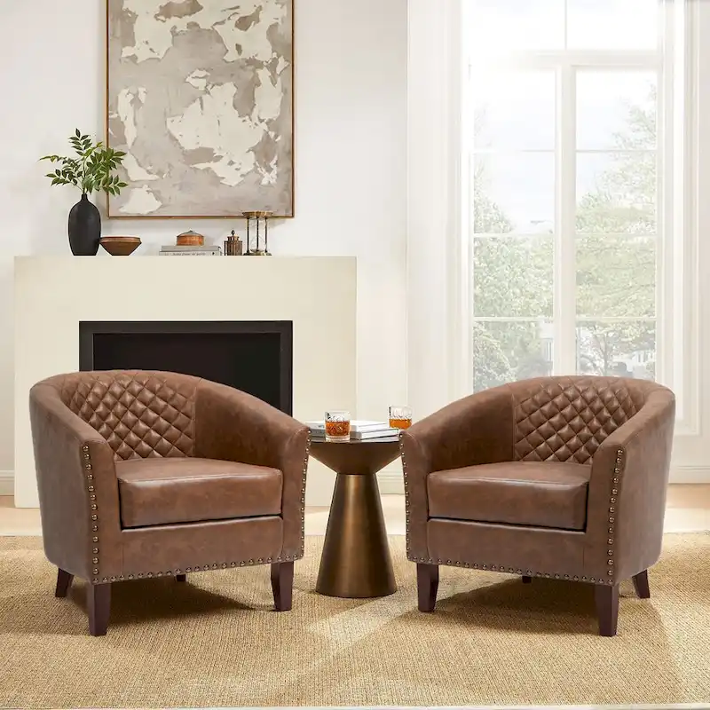 2 Set Vegan Leather Barrel Accent Chairs with Nailheads Trim