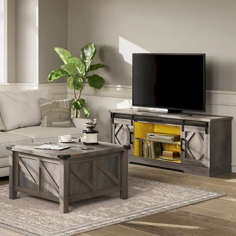 Farmhouse Sliding Barn Door TV Stand and Coffee Table Set of 2