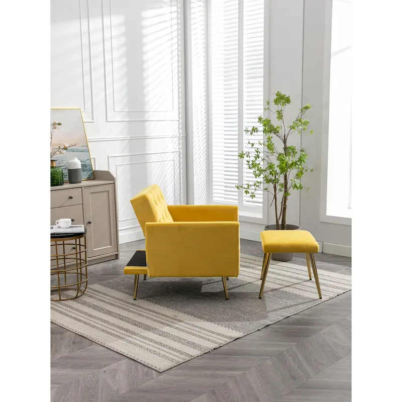 Velvet Accent Chair with Adjustable Armrests and Backrest, Button Tufted Lounge Chair, Single Recliner Armchair with Ottoman