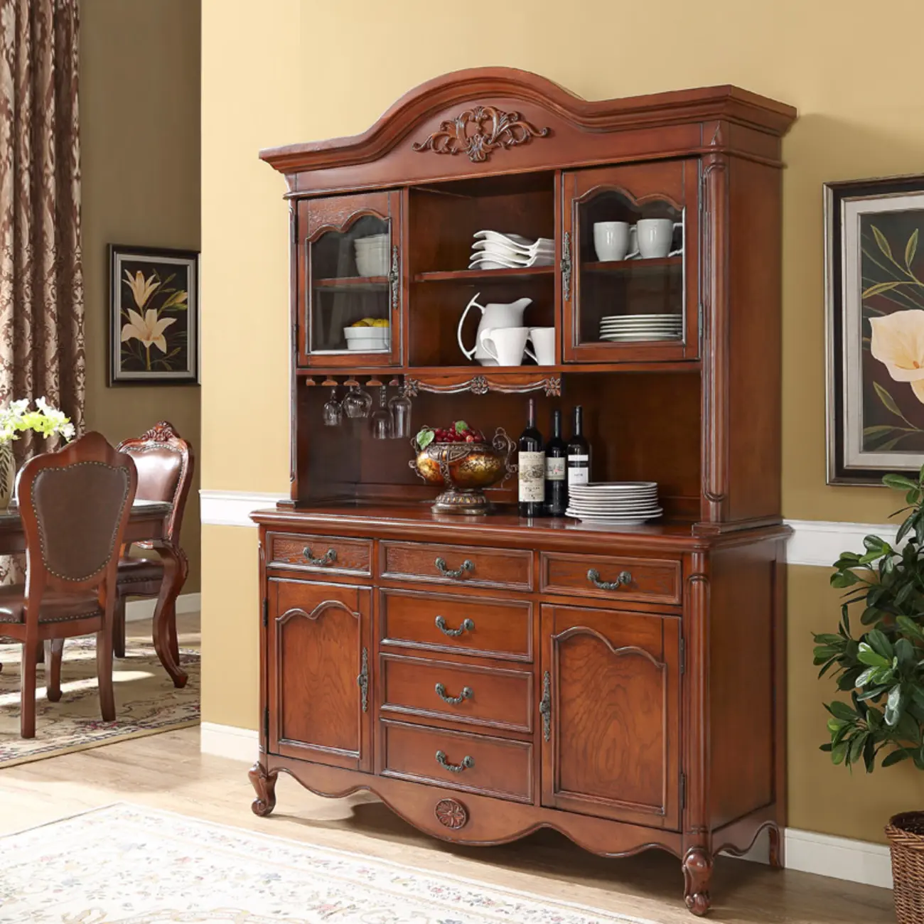 Brown Wood Countertop Dining Hutch Cabinet with Glass Doors