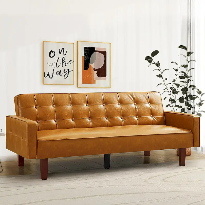 Faux Leather Futon Sofa Bed Sleeper Couch, Mid Century Button Tufted Upholstered Convertible Sofa Bed with Wooden Legs