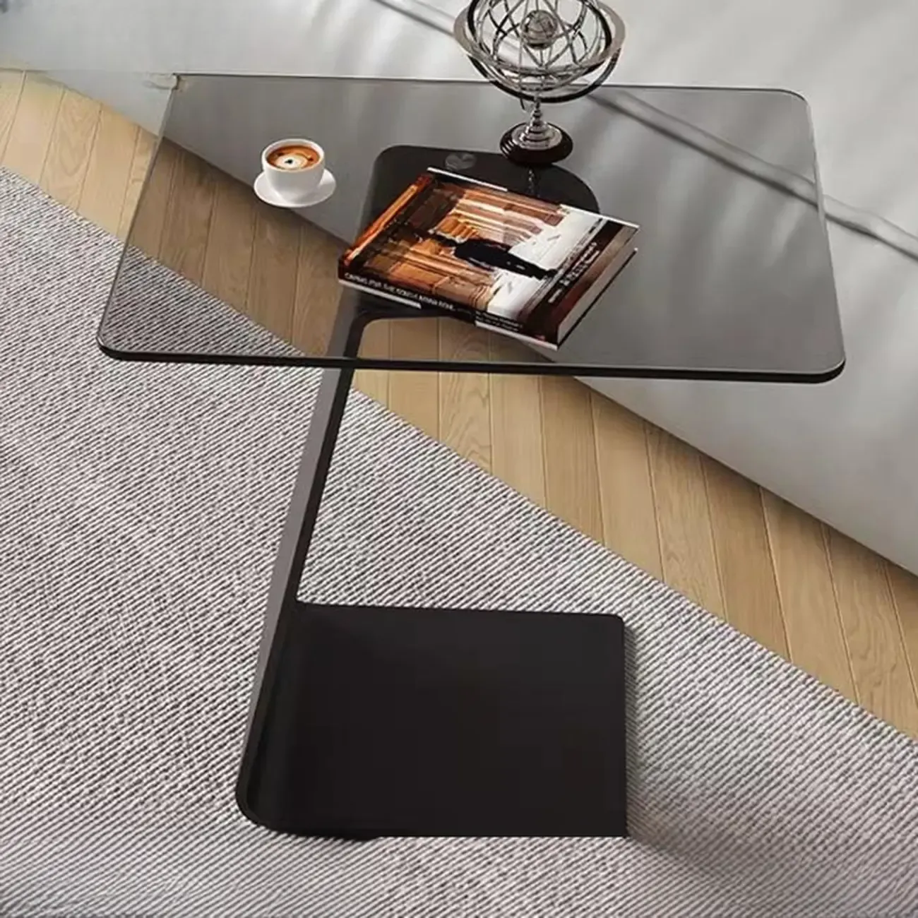 Black Glass Top Metal C-shaped End Table for Living Room