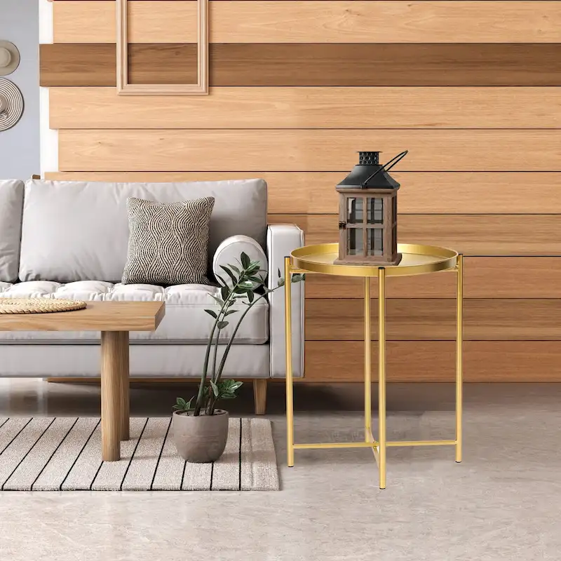 Adeco Gold End Table Metal Waterproof Snack Beside Table Accent Coffee Table - 16.9(D)x 16.9(W)x 20.5(H)