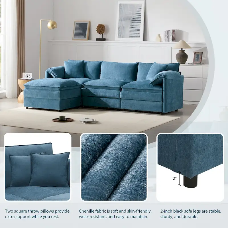 103.5 Chenille Sectional Sofa with 4-Seat L-Shaped Cloud Couch and Ottoman & Pocket Spring Cushions (330lb Capacity)