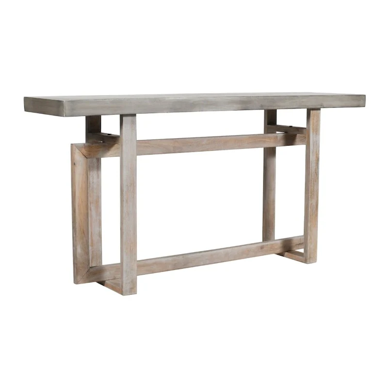 59 Inch Artisan Crafted Farmhouse Console Table with Geometric Interlocked Base, Rustic Light Brown