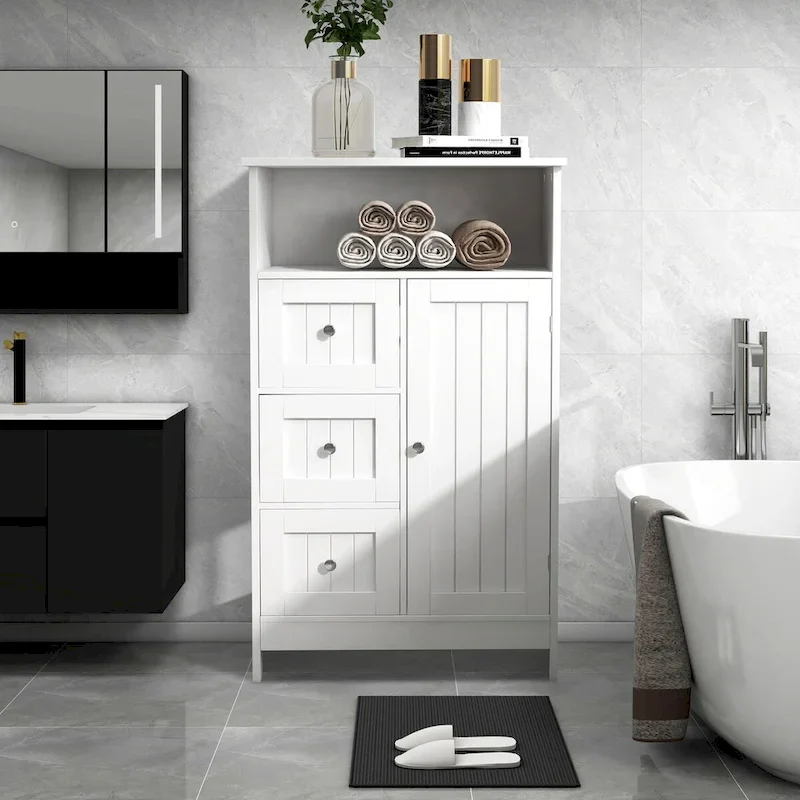 23.6W White Bathroom Freestanding Storage Cabinet Wood Linen Cabinet