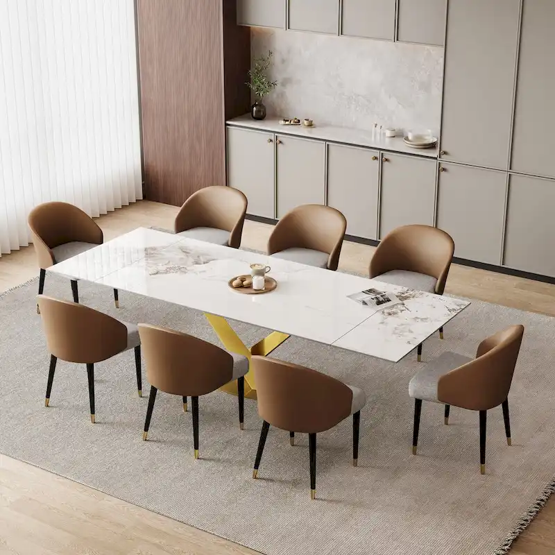9 - Piece 94.48 Rectangular Extendable Sintered Stone Dining Table with 8 Faux leather Chairs Dining Set