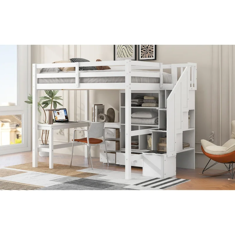 Full Size Loft Bed w/L-Shaped Desk,Drawers,Cabinet,Storage Staircase