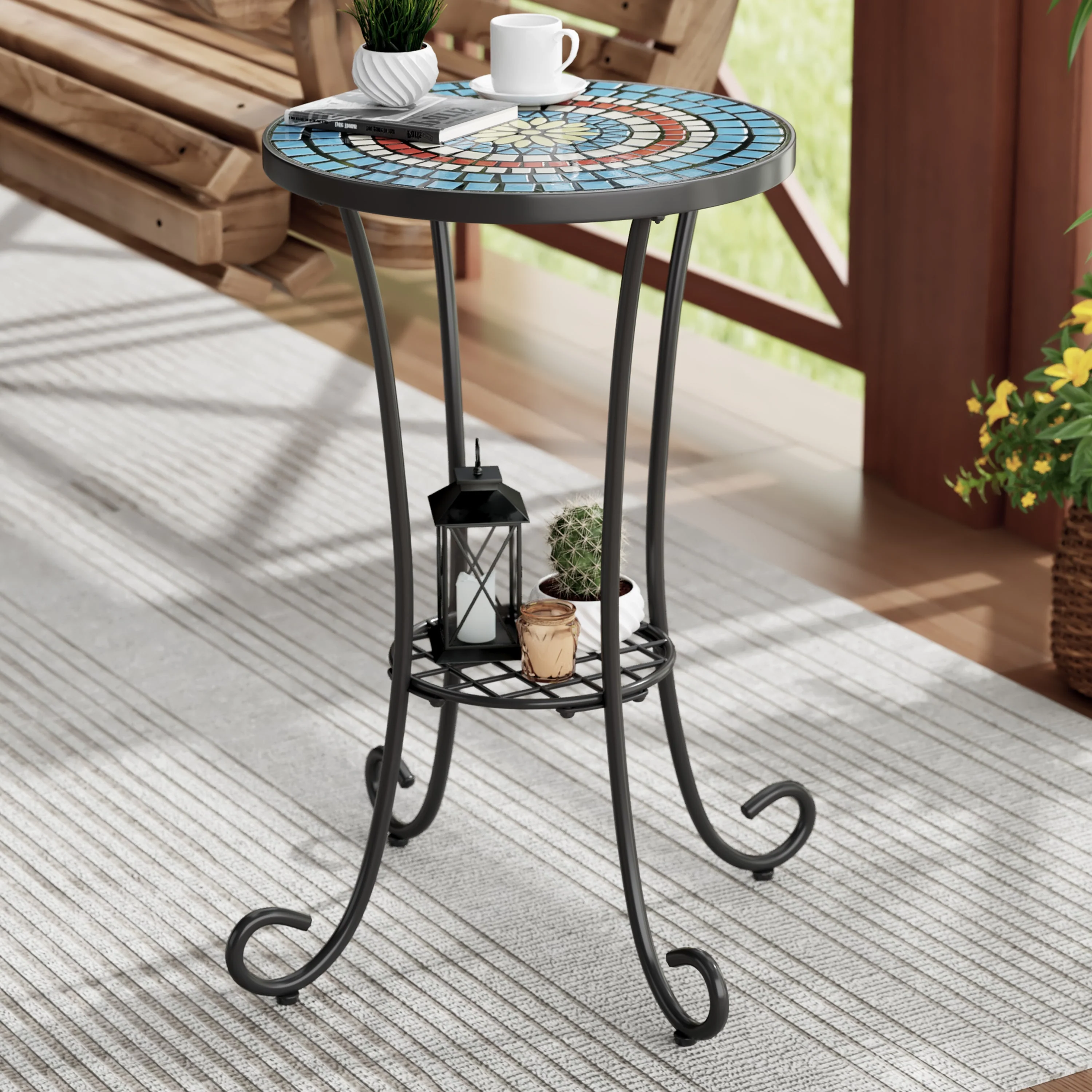 Outdoor Patio Floral Ceramic Side Table, Ceramic Tile