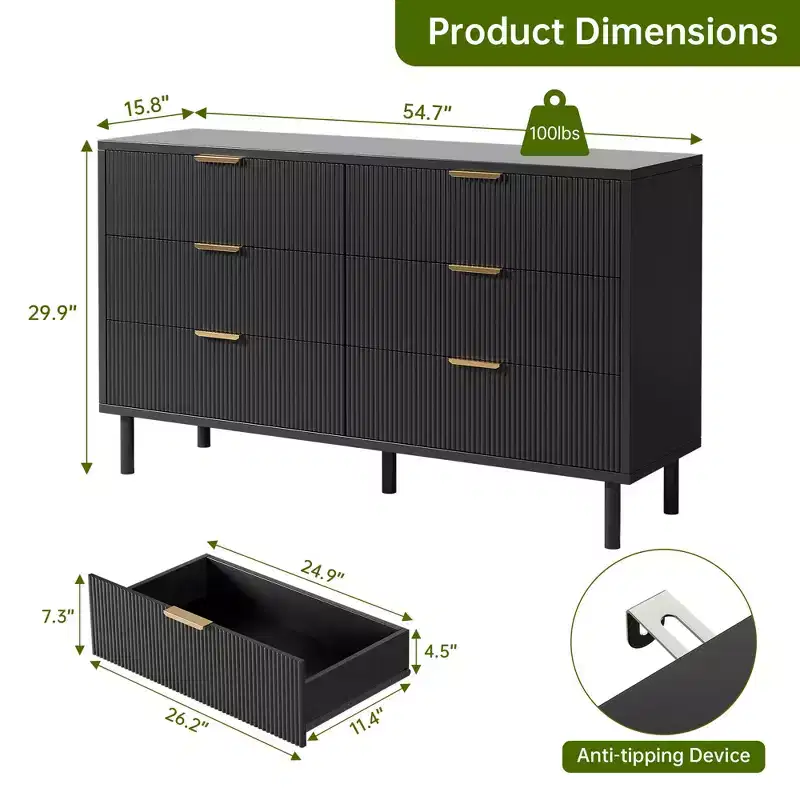 55 6 Drawer Dresser, Wave Fluted Dresser with Anti-Tipping Device, Large Wood Nightstand with Storage and Metal Legs