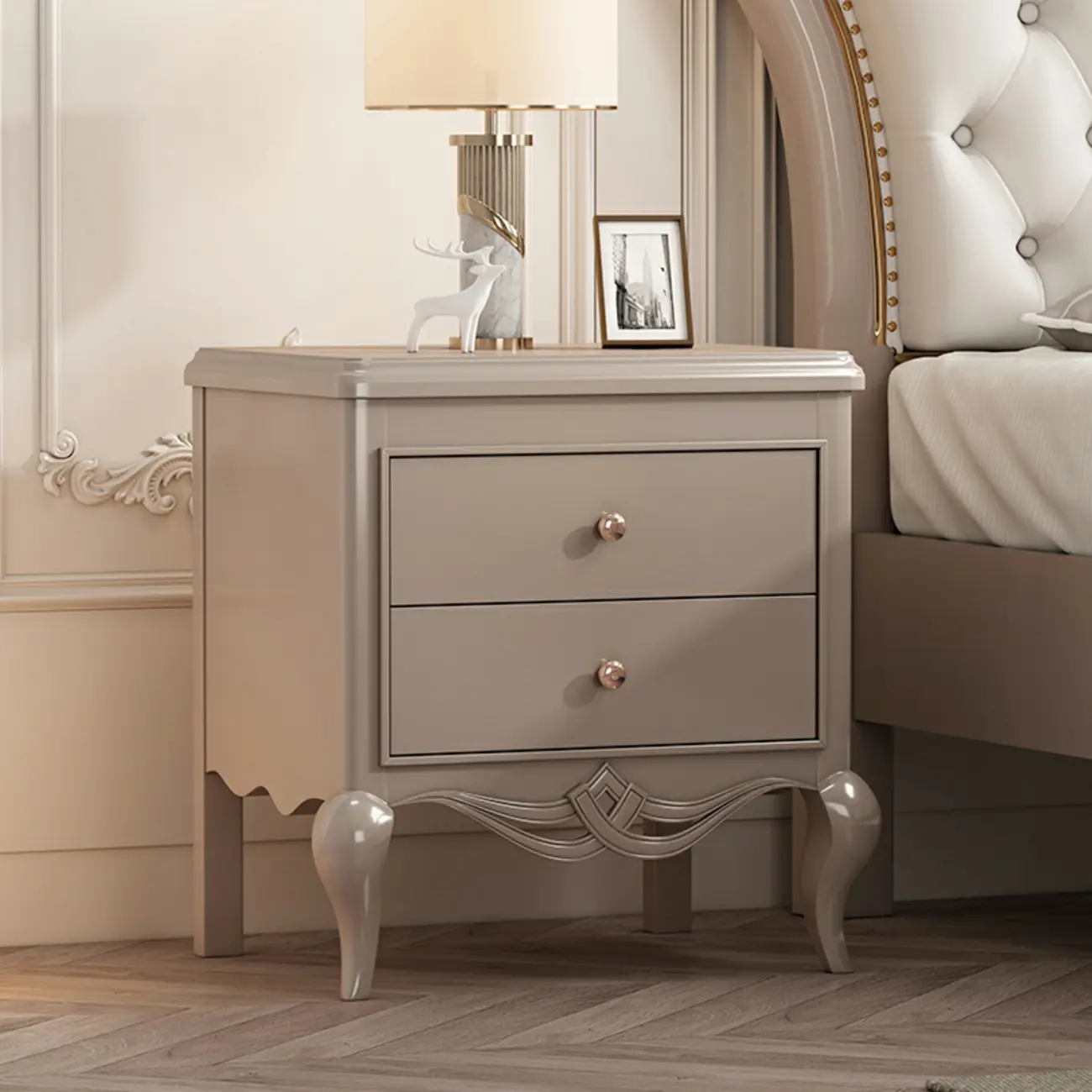 Glam Rubberwood White 2-Drawer Nightstand with Legs