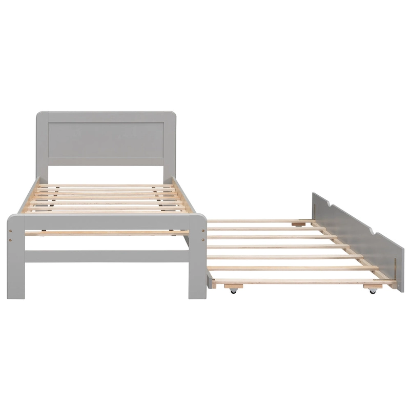 Grey Twin Wood Platform Bed Frame with Trundle, Modern Rubberwood & Plywood Construction