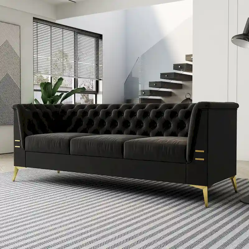 82 Velvet 3 Seater Chesterfield Sofa Couch with Gold Metal Legs, High Rebound Sponge and Removable Cushions