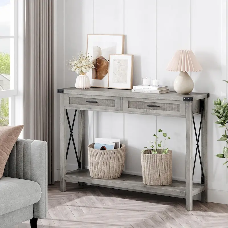 Console Table with Rattan Drawers, Farmhouse Sofa Table