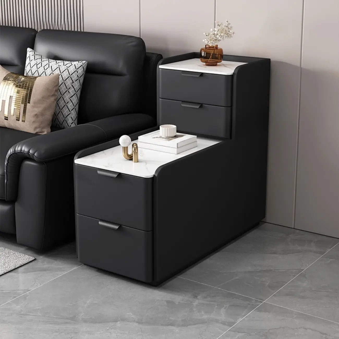 Tall 4-Drawer Stone Top Wooden L-Shaped Sofa End Table