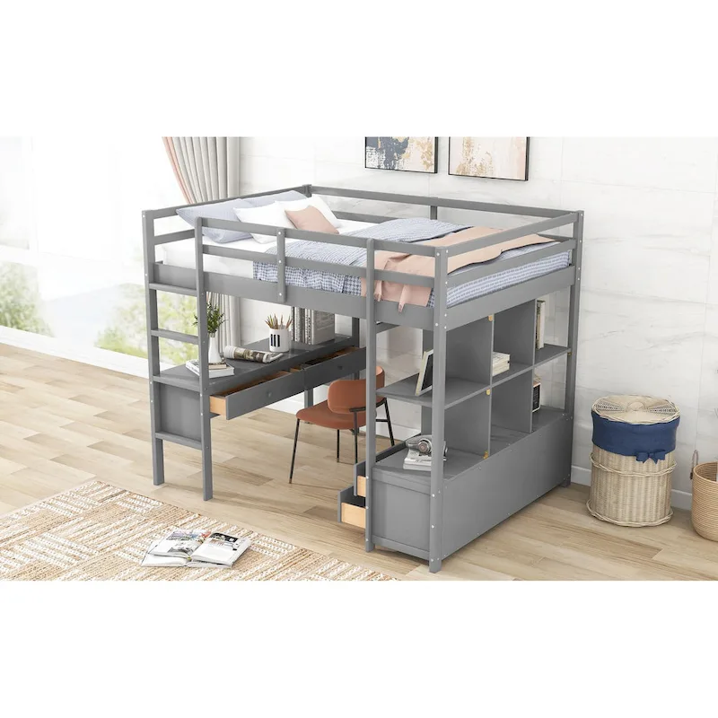 Pine Loft Bed with Built-in Desk & Drawers