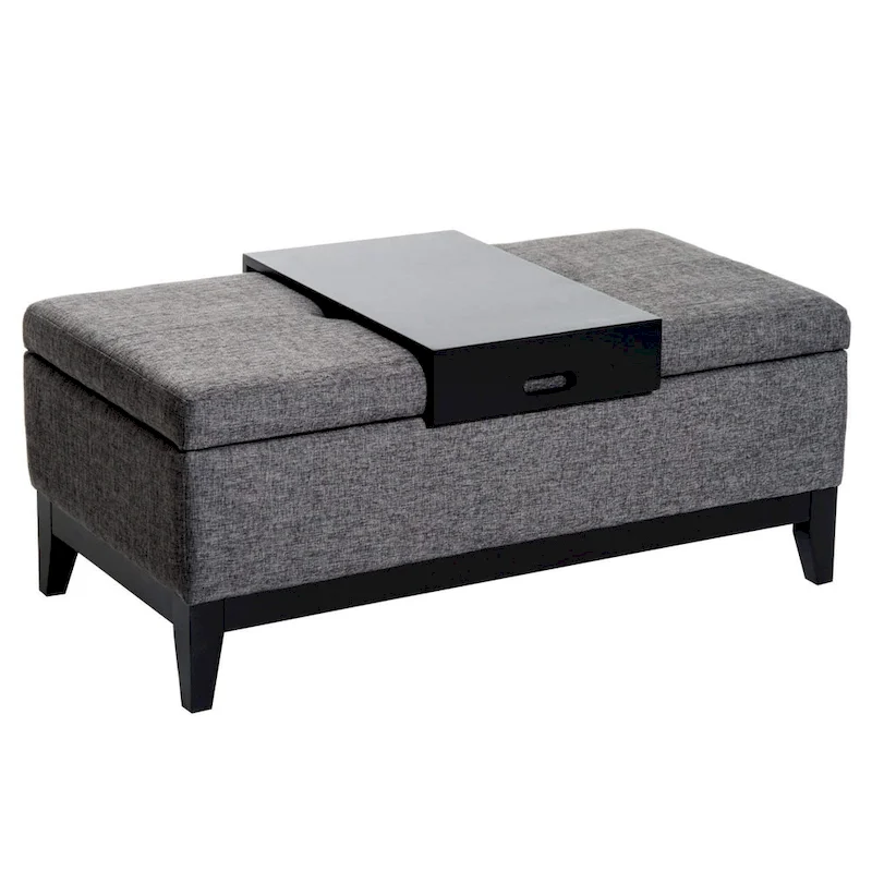 HomCom 42 Rectangular Linen Fabric Storage Ottoman Bench with Tray - Grey