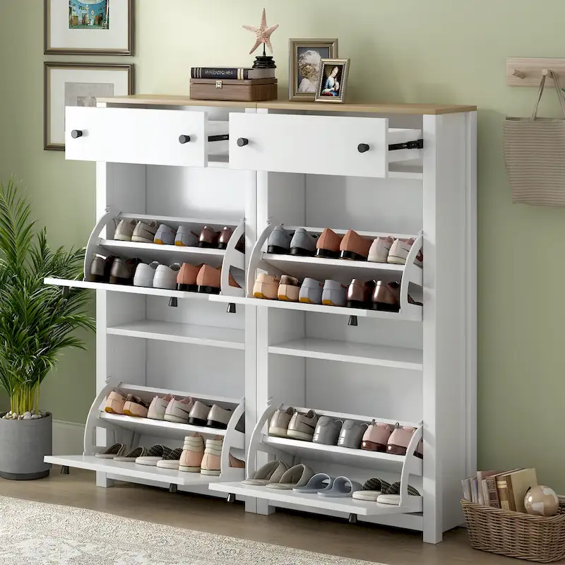 Shoe Cabinet Set with Flip Drawers and Wood Grain Top