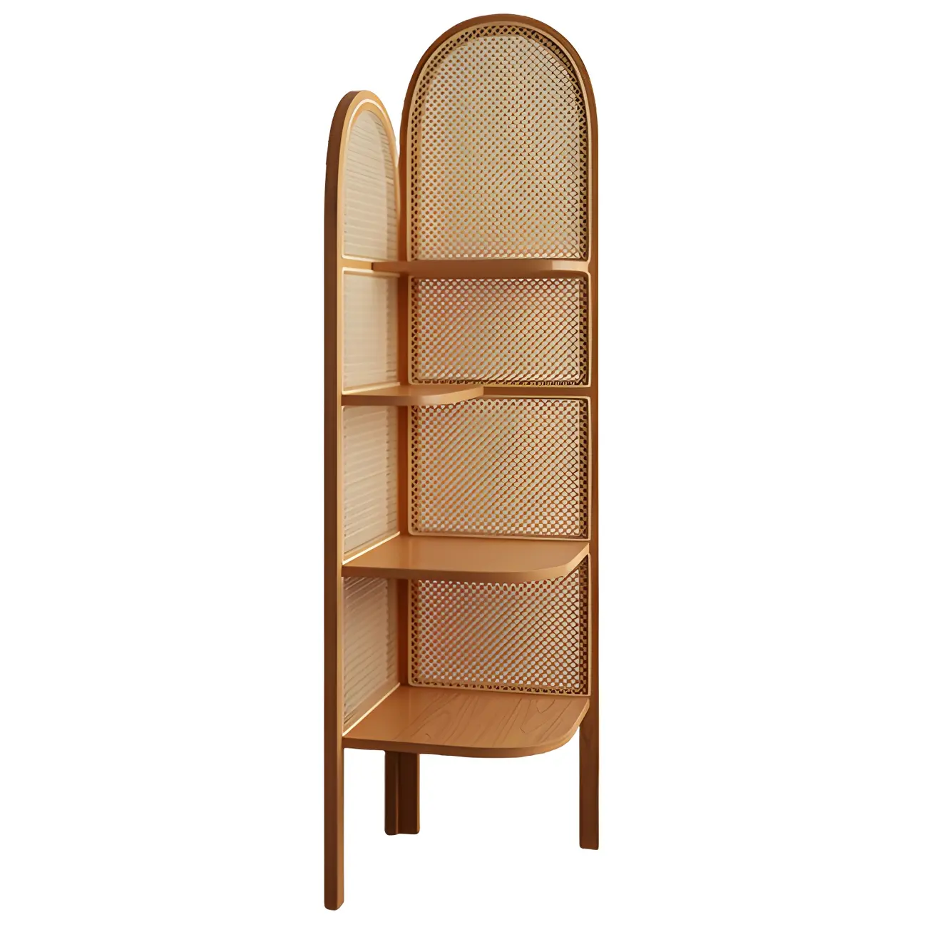 Rattan Wooden 4-tier Corner Bookcase with Closed Back