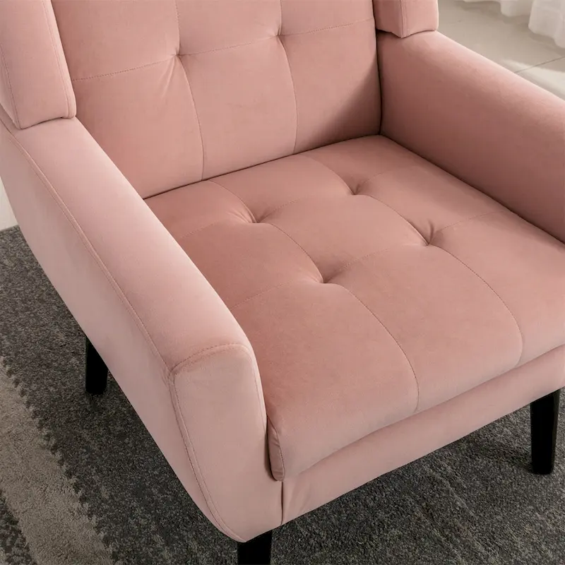 Pink Velvet Modern 29.5 Tufted Accent Chair with Wood Legs