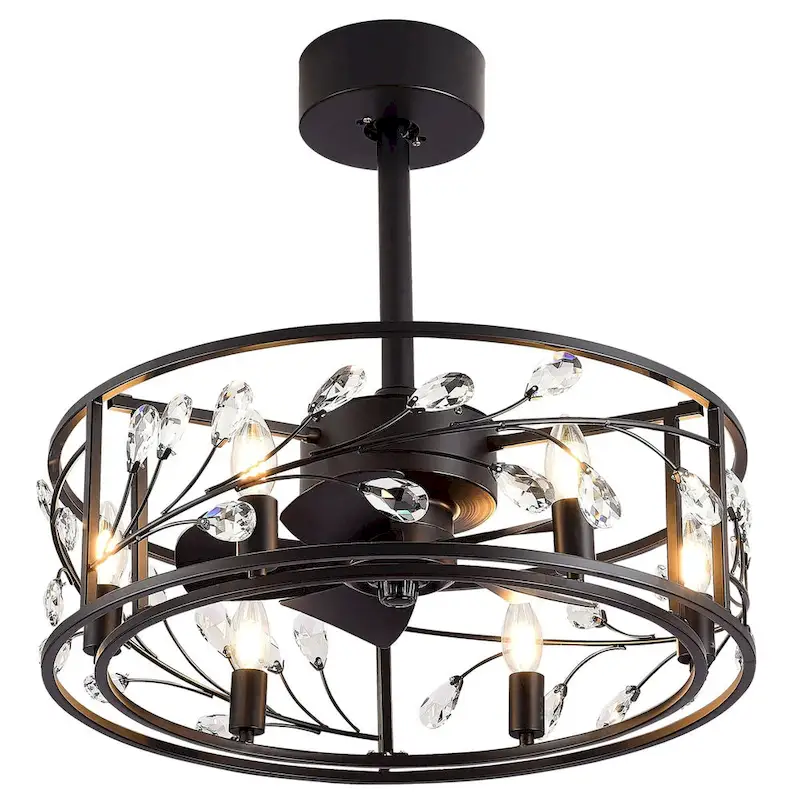 20-In Black Crystal Caged Ceiling Fan with Light Remote-6 Light