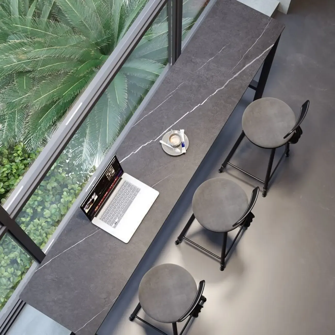 Modern Dove Grey Stone Top Steel Footrest Bar Tables