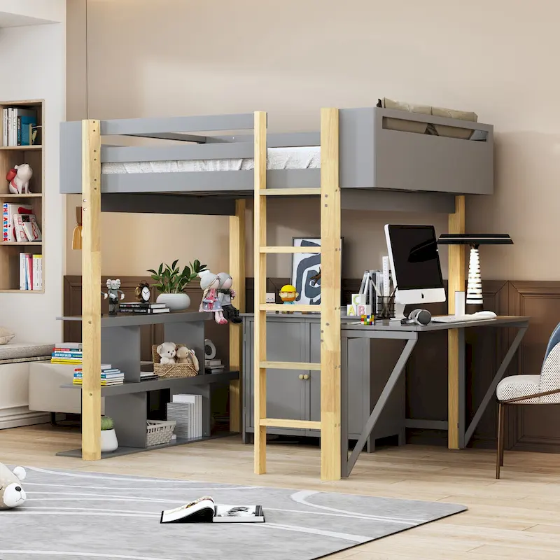 Full Size Wood Loft Bed With Built-in Storage Cabinet and Cubes, Foldable desk, White