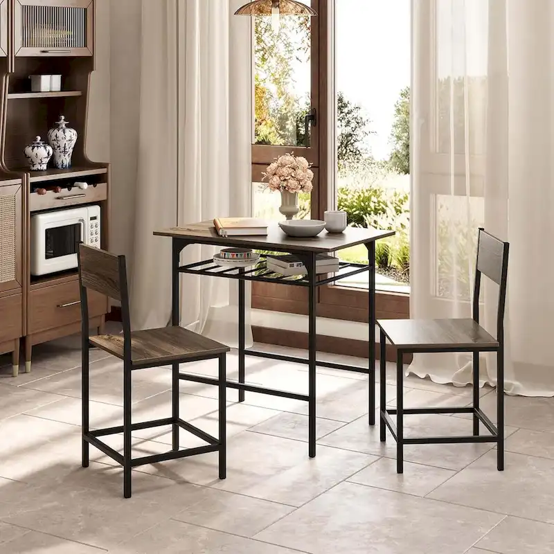 3PCS Dining Table Set Industrial Breakfast Nook Table Set w/ Wine Rack