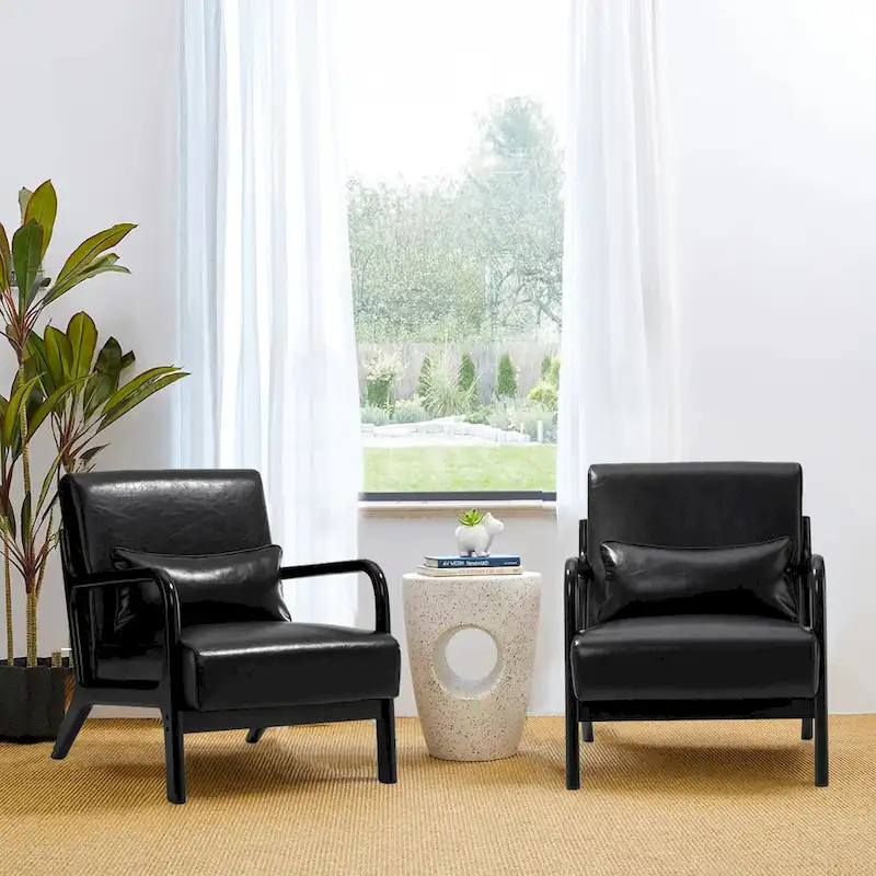 Glitzhome Set of 2 30.75 H Mid-Century Modern PU Leather Accent Chairs with Cushion - 25.75 W x 33.75 D x 30.75 H