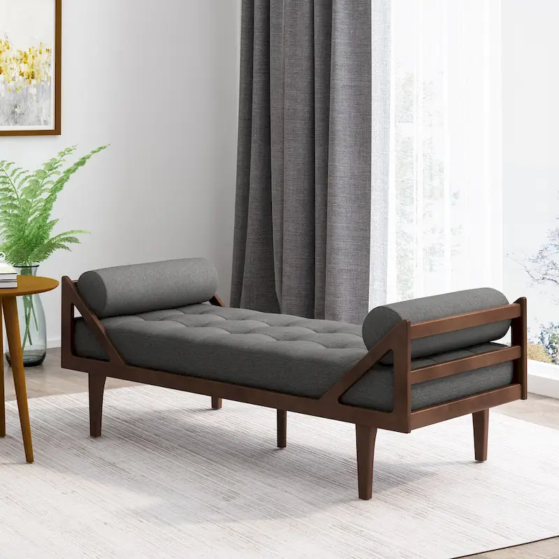 Charcoal Modern 65 Button Tufted Chaise Lounge Chair with Bent Wood Desing and Rolled Accent Pillows