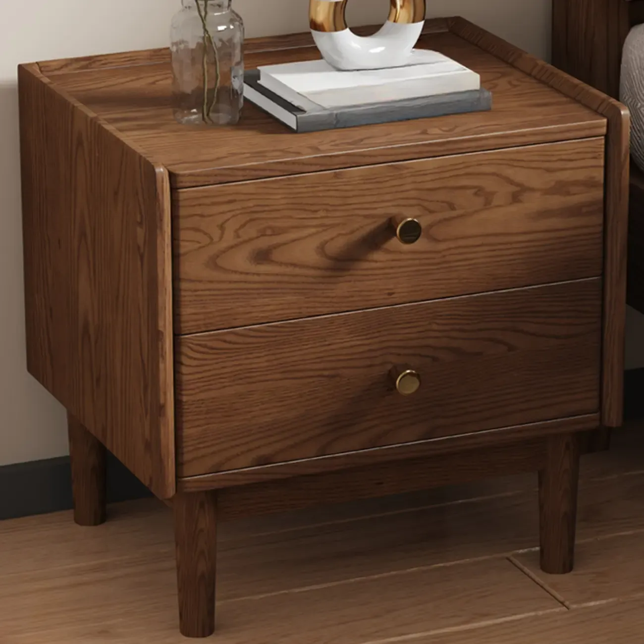 Scandinavian Brown Ash Wood 2-Drawer Nightstand