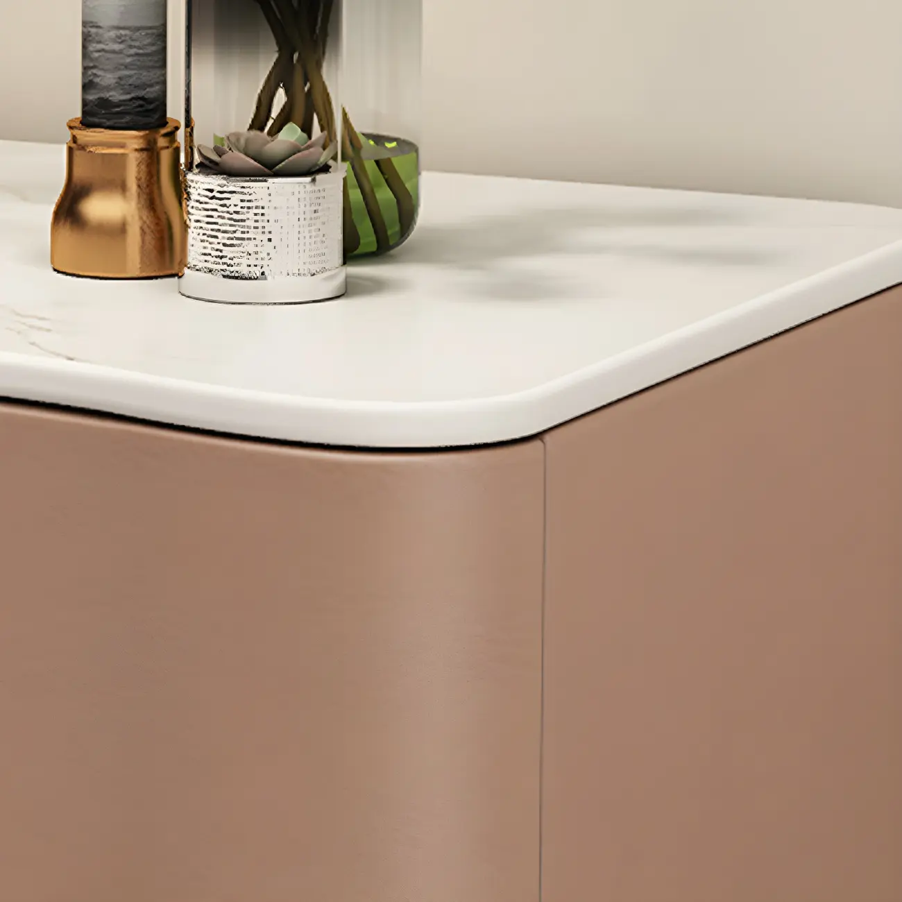 Modern Waved Stone Top Leather 2-Drawer Nightstand