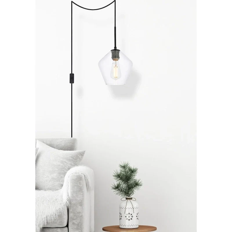 Garrett 1-Light Plug in Pendant with Clear Shade - Black - 8  Diameter
