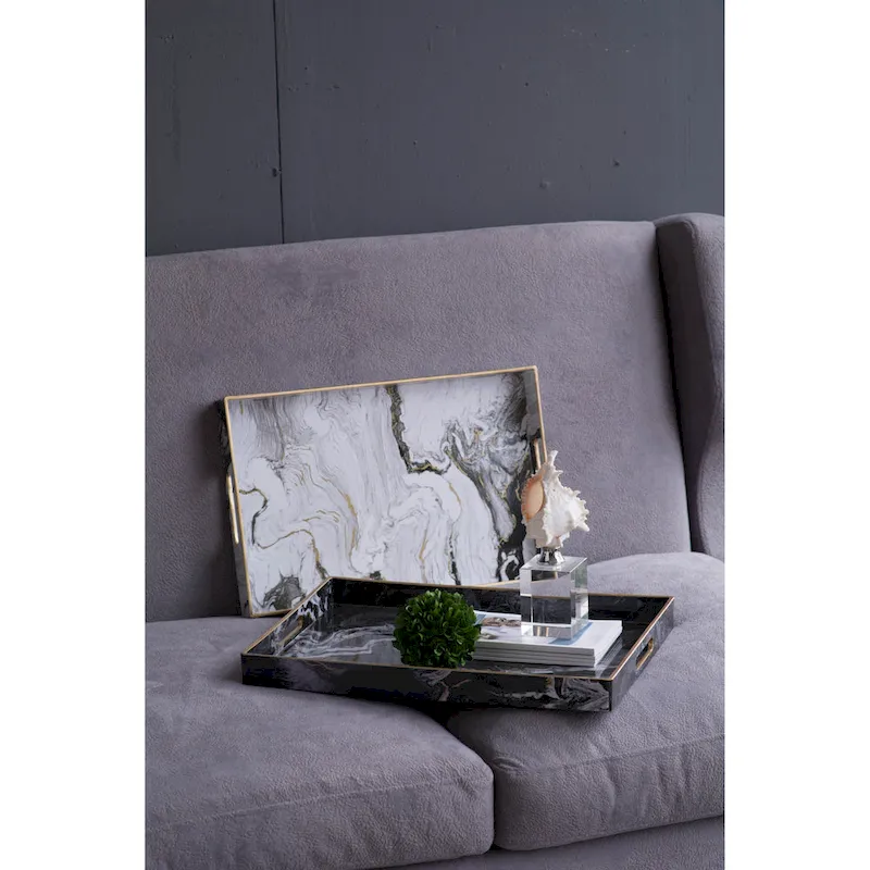 A&B Home Quinn Black and White Marble Rectangular Trays