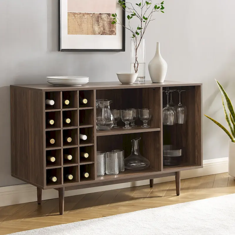 Walnut / Black Mid-Century Modern Wine Storage Sideboard with 15-Bottle Rack & Stemware Holder